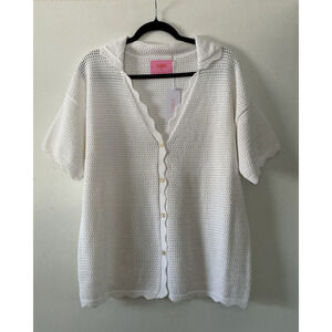 Womens L/XL White Cotton Cardigan Sweater SS Scallop Edge Spring NWT Starfit